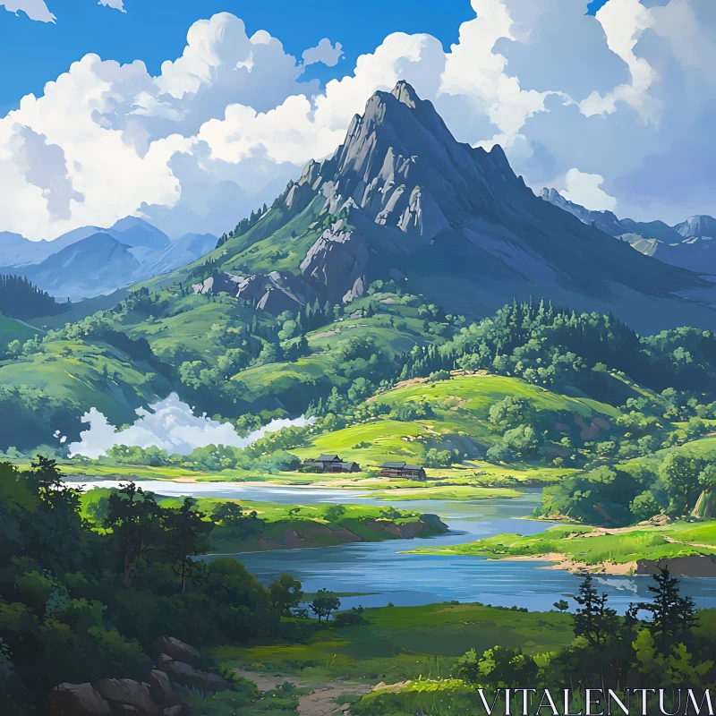 Tranquil Mountain Scenery with Verdant Fields and River AI Image