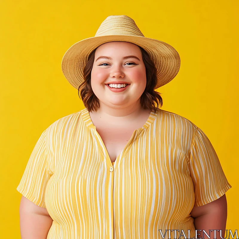 Smiling Woman with Hat Against Yellow Background AI Image