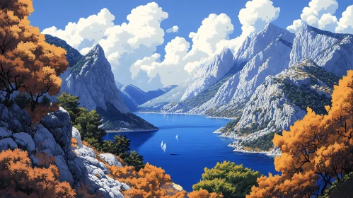 Mountainous Lake Scene in Autumn