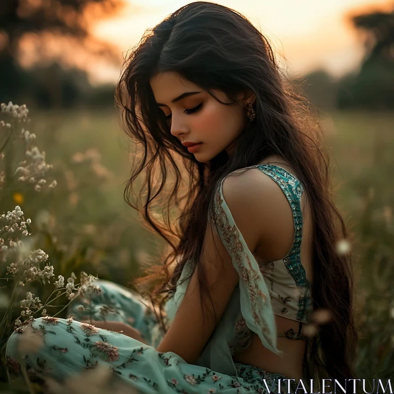 Tranquil Sunset with a Young Woman in a Floral Dress AI Image