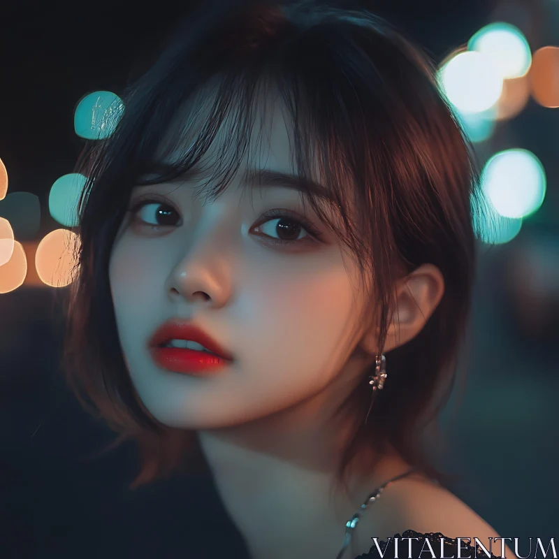 Night Portrait of a Woman with Bokeh Background AI Image