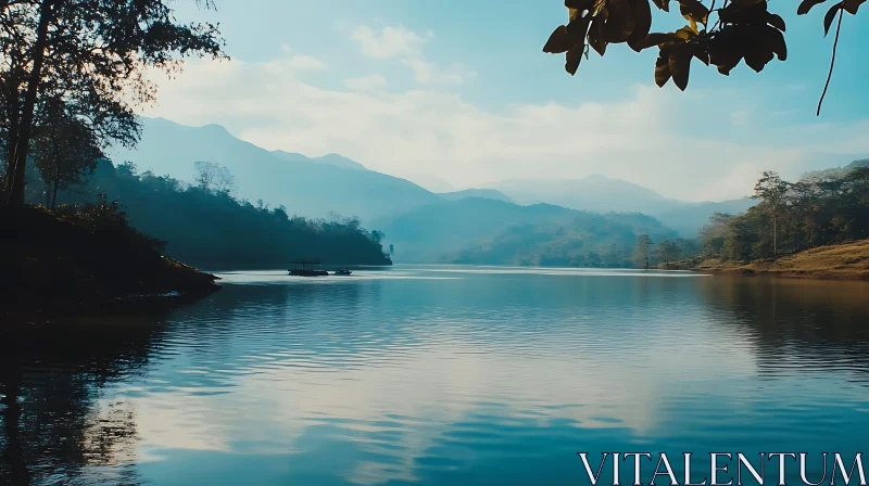 Peaceful Lake Scene with Mountains and Clear Sky AI Image