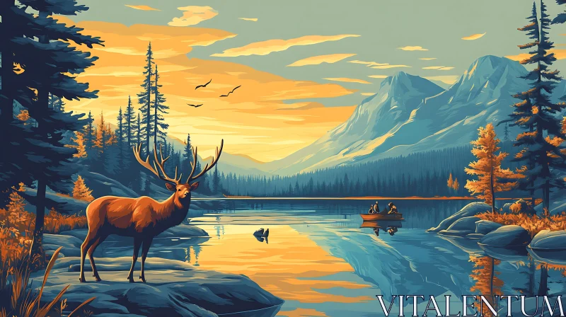 Serene Lake Scene with Deer, Forest, and Mountains AI Image