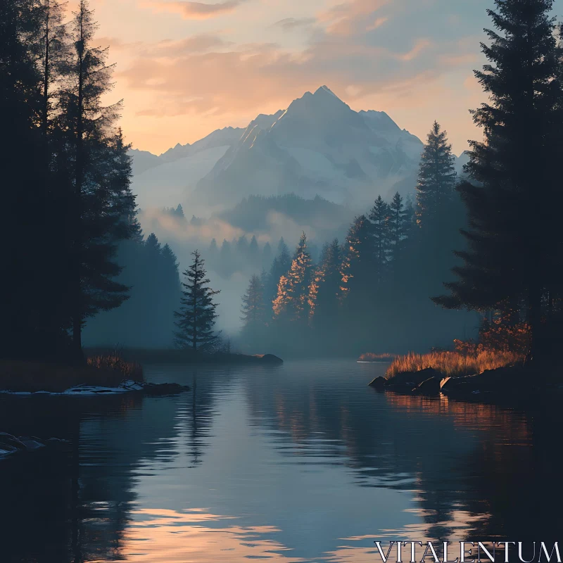 Tranquil Sunset Over Reflective Mountain Lake AI Image