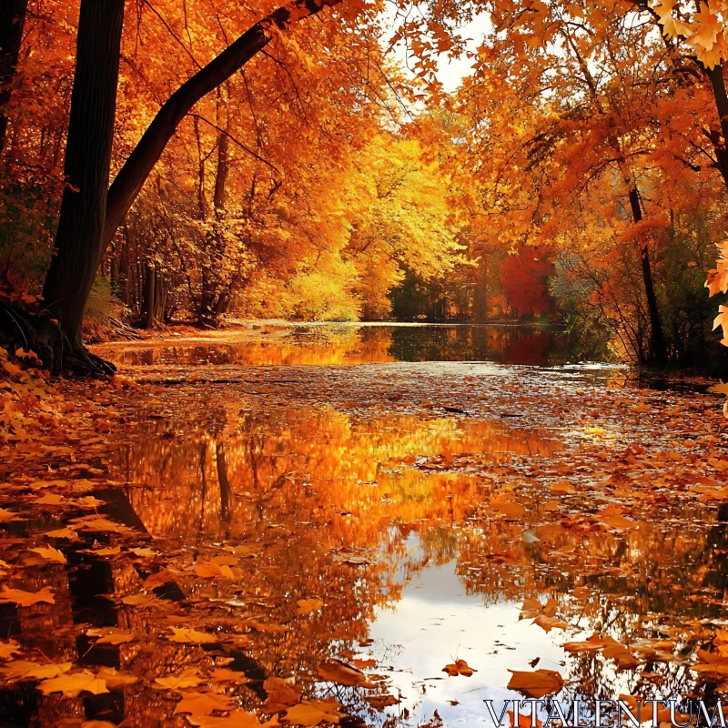 Tranquil Autumnal Lake with Orange Foliage AI Image