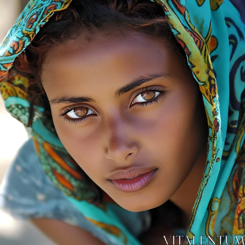 Beautiful Woman's Portrait in Vivid Scarf AI Image