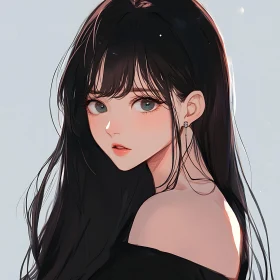 Digital Painting of Anime Girl with Expressive Eyes and Black Hair