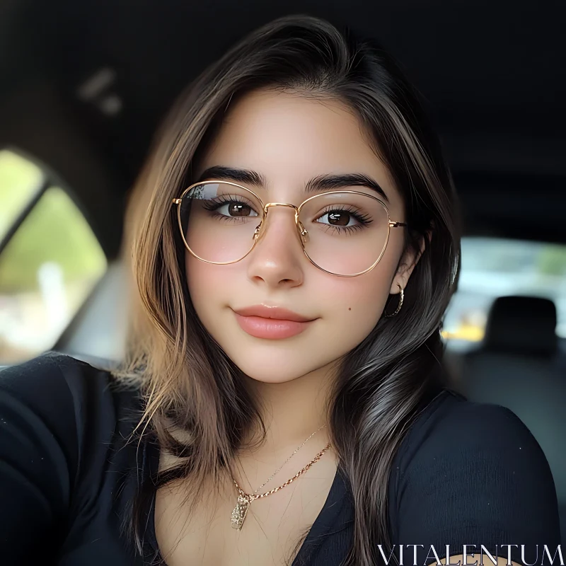 Natural Portrait of a Woman in Car Wearing Glasses AI Image