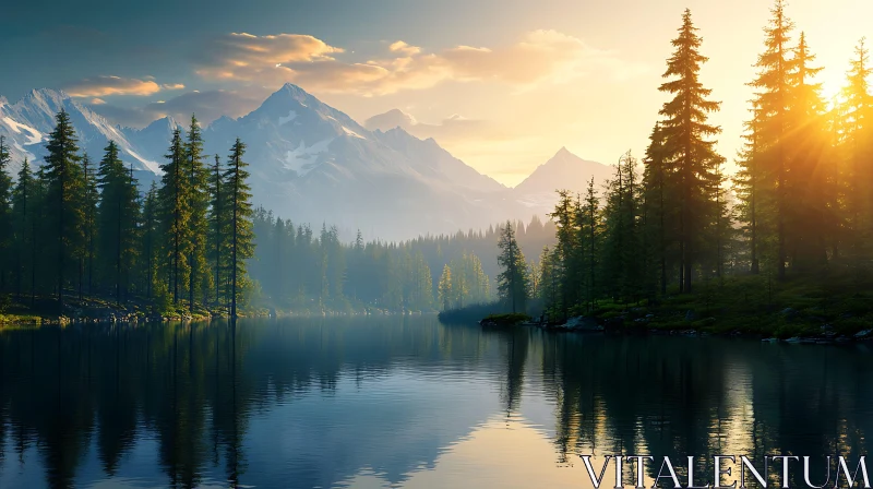 Golden Sunset Over Mountain Lake and Forest AI Image