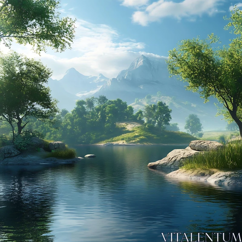 Peaceful Lake with Mountains and Greenery AI Image