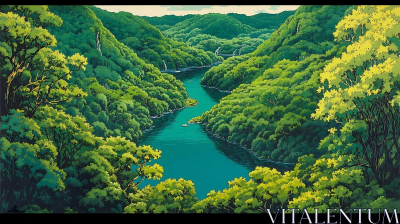 Tranquil River Scene Amidst Verdant Forest AI Image