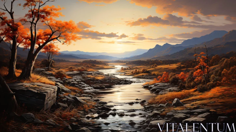 Tranquil Sunset over Flowing River in Autumn AI Image