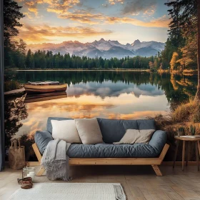 Serene Lake and Mountain Mural in Living Room