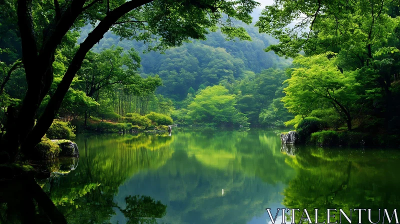 Tranquil Forest Lake with Green Reflections AI Image