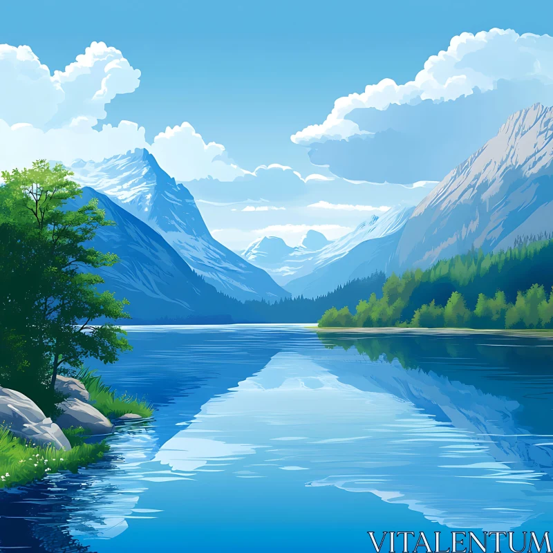 Serene Lake with Reflecting Mountains and Lush Greenery AI Image