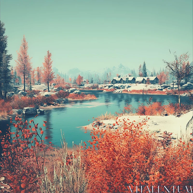 Tranquil Lakeside Cabins in Autumn AI Image