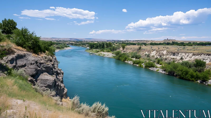 Scenic River View with Clear Blue Sky AI Image