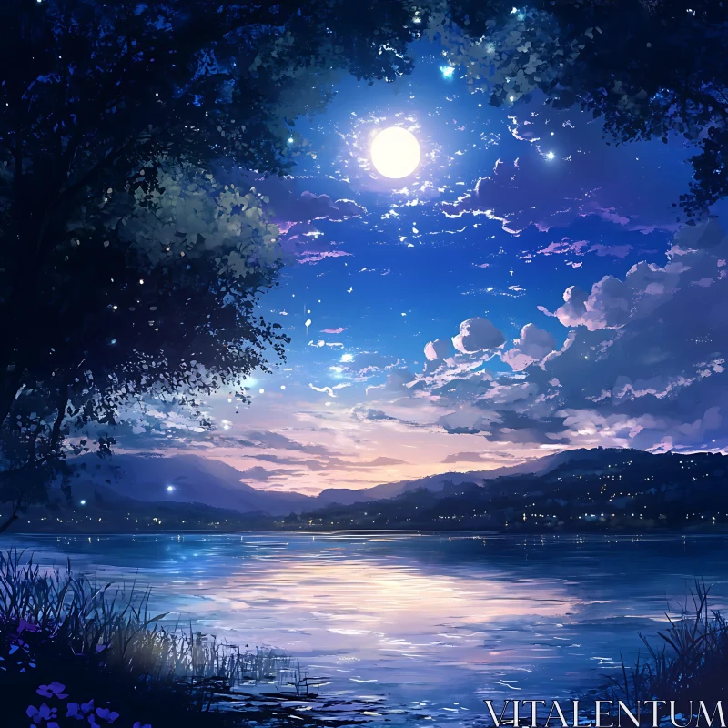 Serene Night Landscape with Moonlit Lake Reflections AI Image