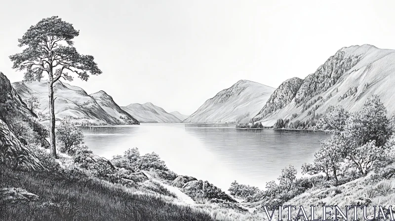 Monochromatic Lake and Mountain Scenery AI Image