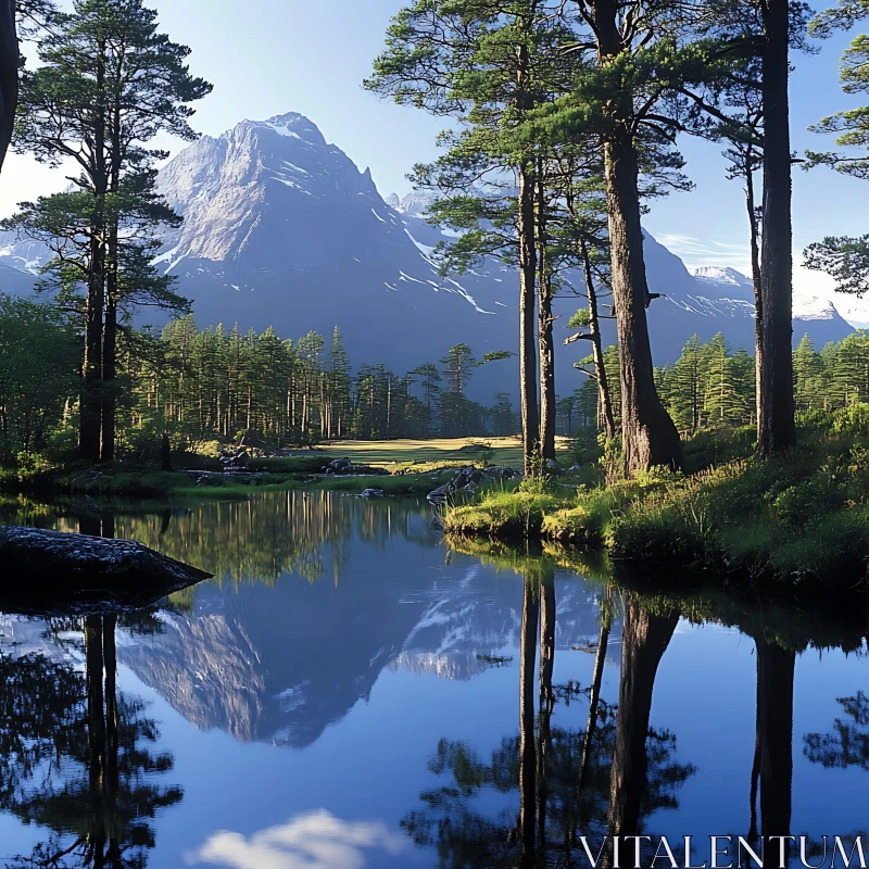 Tranquil Wilderness with Reflective Water and Towering Peaks AI Image