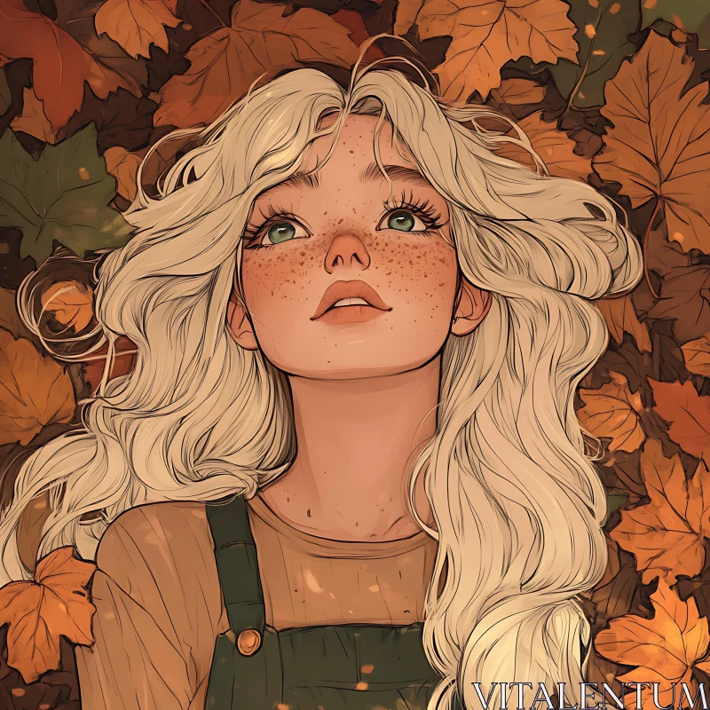 Blonde Girl in Overalls Among Fall Leaves AI Image