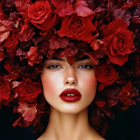 Woman with Floral Headpiece in Red Tones