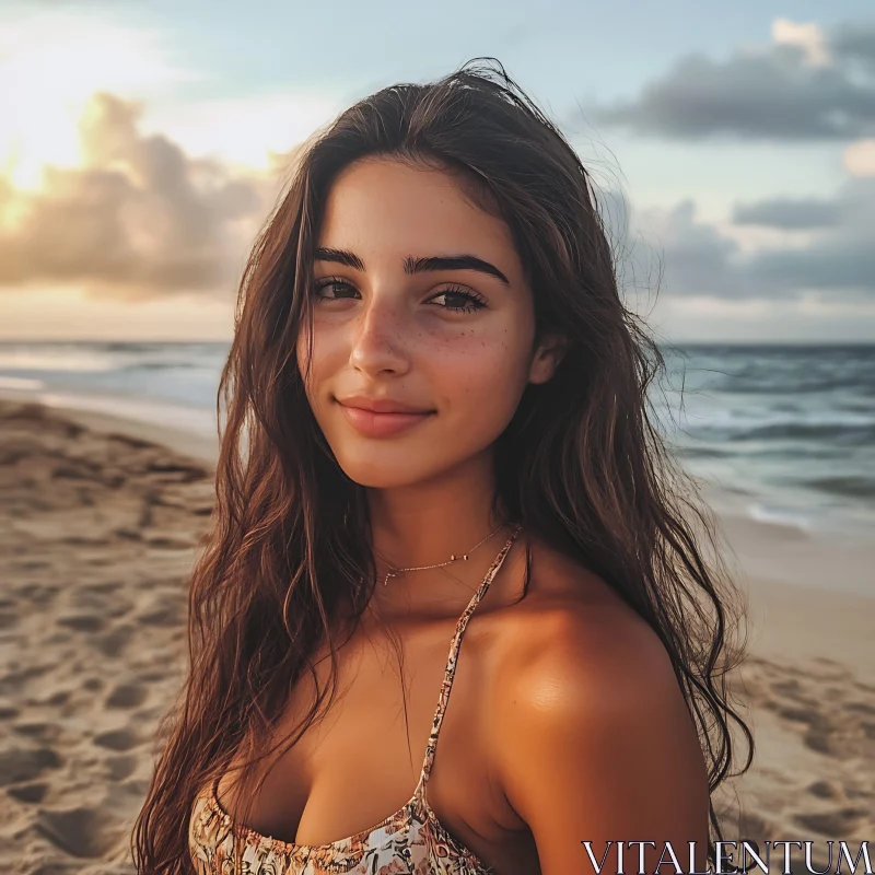 Serene Beach Portrait at Sunset AI Image