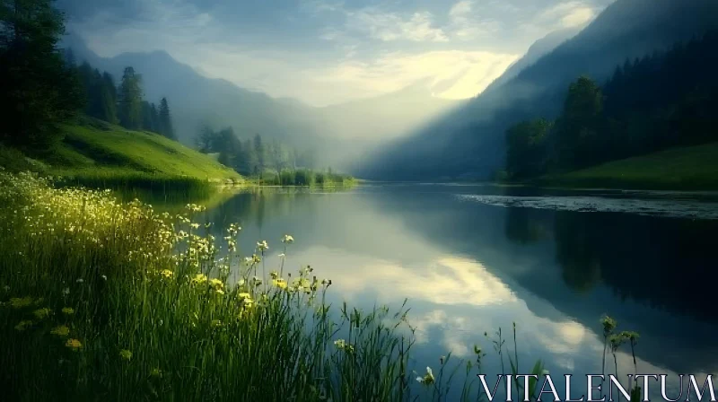 Serene Lake with Lush Greenery and Sunlit Flowers AI Image