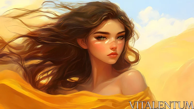 Golden Emotions: Woman with Windswept Hair AI Image