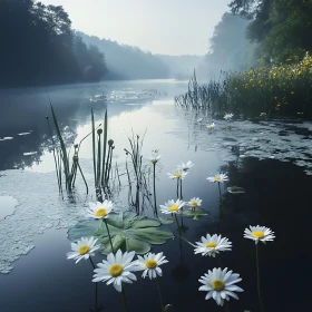 Tranquil Lake Scene with Daisies at Dawn