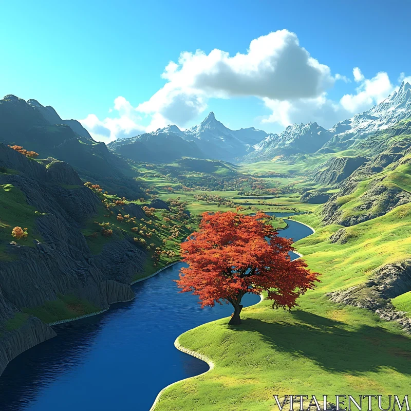 Autumn Tree by a Serene River with Mountain View AI Image