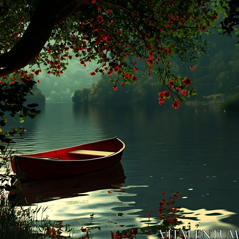 Peaceful Lake Landscape with Floating Boat and Flowering Tree AI Image