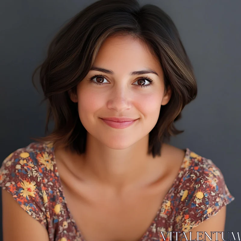 Smiling Woman with Brown Hair and Floral Dress AI Image