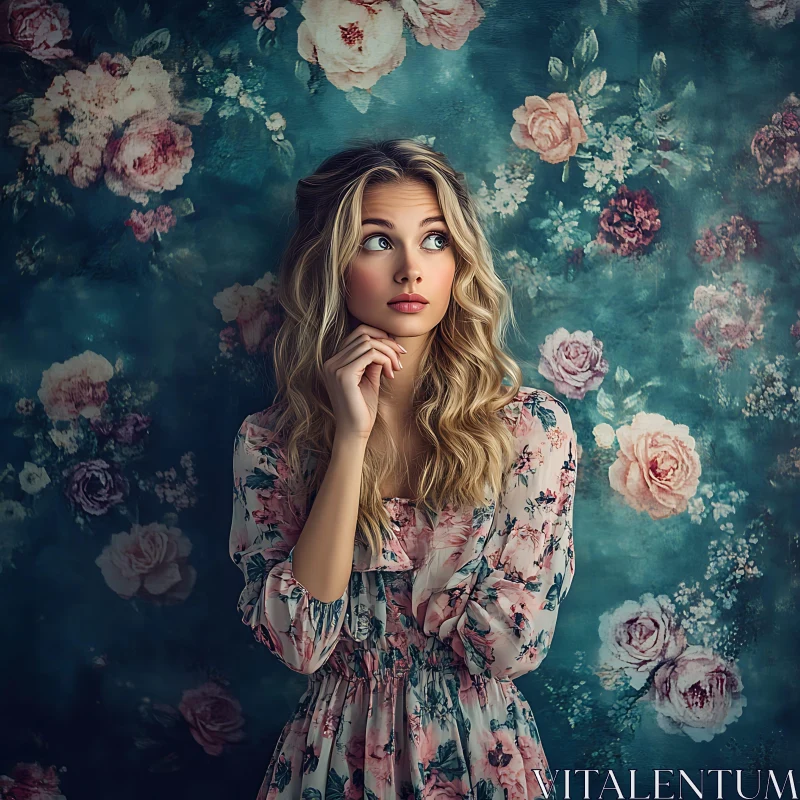 Delicate Floral Themed Portrait of a Woman AI Image