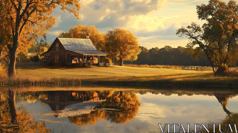 Rustic Cabin in Serene Autumn Landscape AI Image