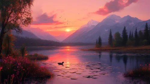 Majestic Sunset Over Mountain Lake