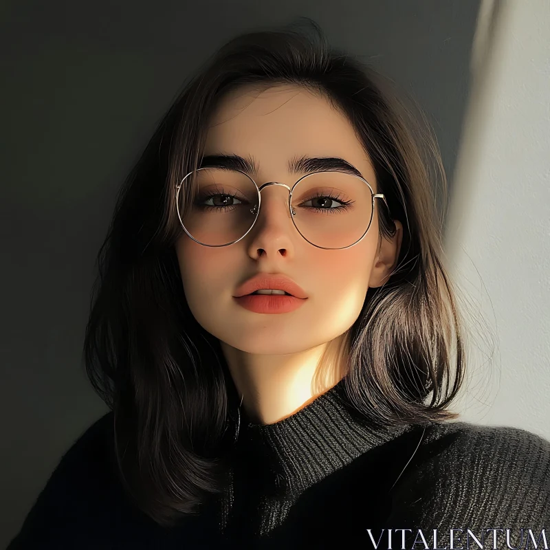 AI ART Chic Woman in Glasses with Soft Sunlight