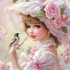 Charming Lady with Bird and Blossoms