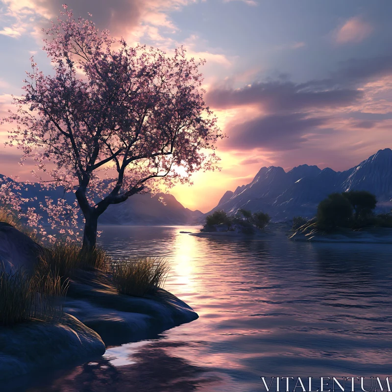 Serene Lakeside Sunset with Tree and Mountains AI Image