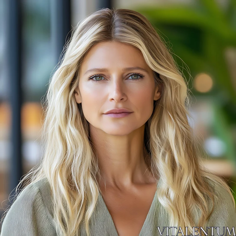 Blonde Woman with Green Eyes in Natural Light AI Image