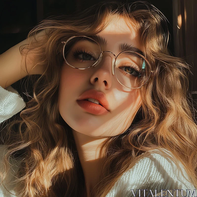 Woman's Close-up Portrait with Sunlight and Glasses AI Image