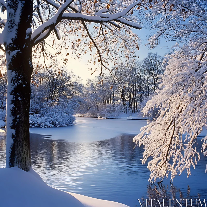 Tranquil Snowy Forest by a River AI Image