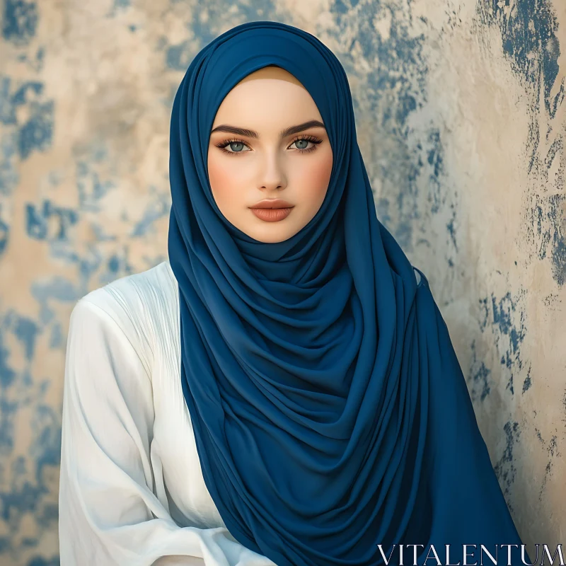 Graceful Woman in Blue Hijab AI Image