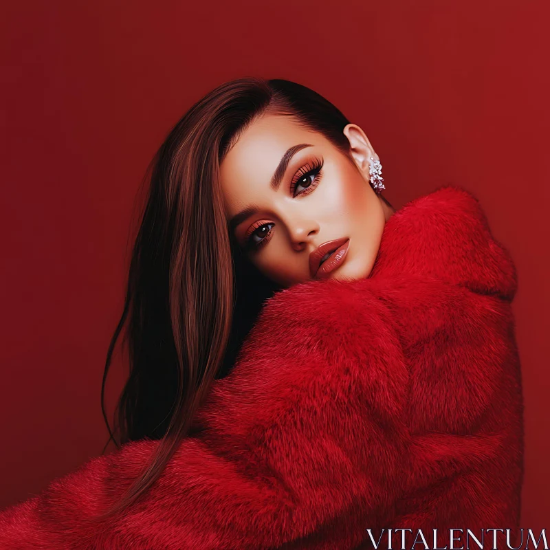 Glamorous Portrait of Woman in Red Fur AI Image