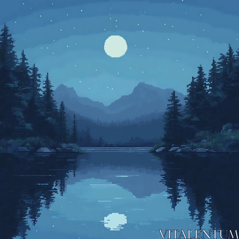 Tranquil Moonlit Lake in Pixel Art AI Image