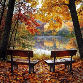 Serene Fall Scene with Benches Overlooking a Reflective Lake