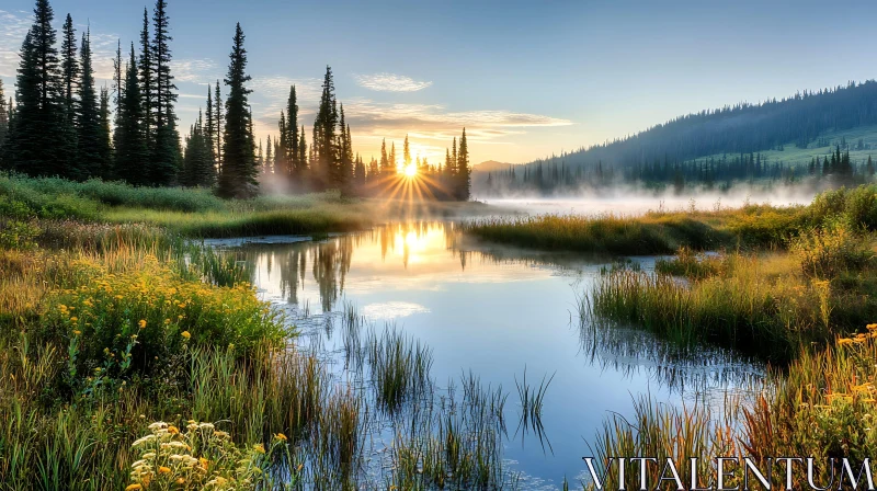 Sunrise by a Misty Lake with Pine Trees and Wildflowers AI Image