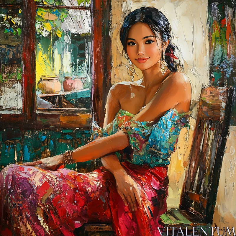 Expressive Woman Painting with Colorful Attire AI Image