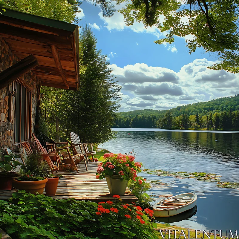 Scenic Lakeside Retreat with Rustic Cabin and Boat AI Image