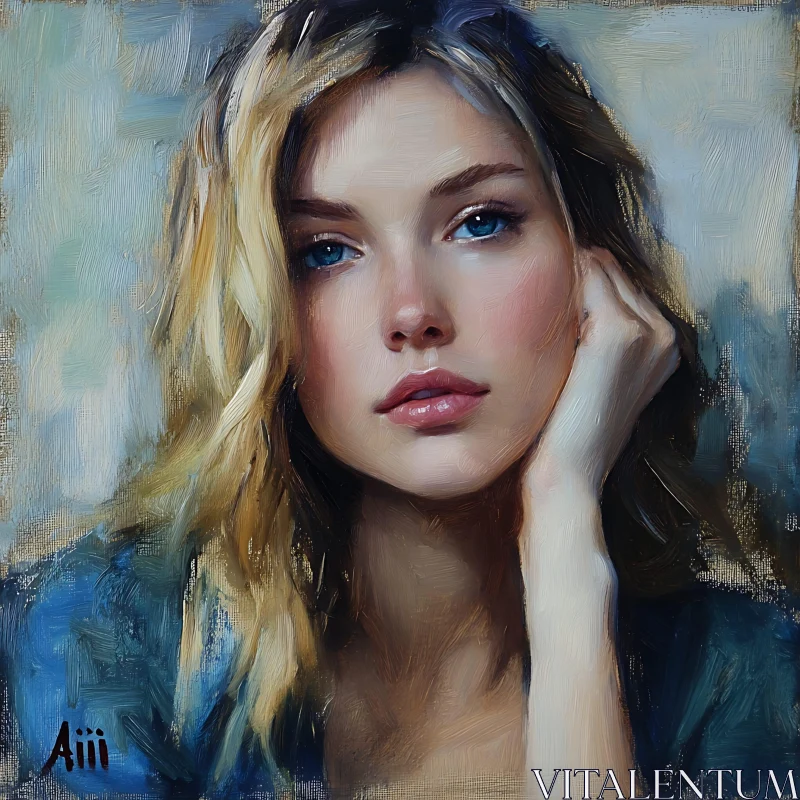 Fine Art Portrait of a Woman with Blonde Hair and Blue Eyes AI Image